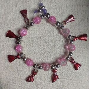 Pink crackled glass silvertone beads red dress stretch bracelet